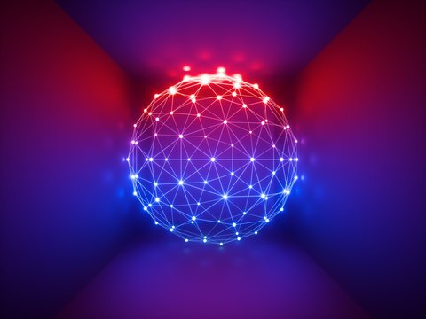 3d render, glowing sphere, network connections, ultraviolet neon lights, abstract background, red blue vibrant colors, laser show