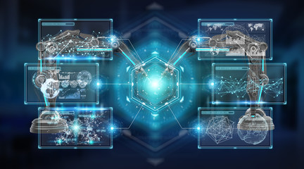 Robotics arms with digital screen 3D rendering