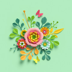 3d render, craft paper flowers, Mother's Day floral bouquet, yellow dahlia, botanical arrangement, bright candy colors, nature clip art isolated on mint green background, decorative embellishment - obrazy, fototapety, plakaty