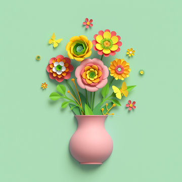 3d render, craft paper flowers, pink vase, floral bouquet, botanical arrangement, bright candy colors, nature clip art isolated on mint green background, greeting card template