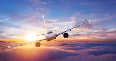 Naklejka premium Pasażerowie latający samolotem nad chmurami