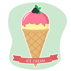 Sweet ice cream in a waffle cone, vanilla with berry glaze, a flat icon with a white stroke on the background of a red ribbon. Vector illustration. EPS 10.