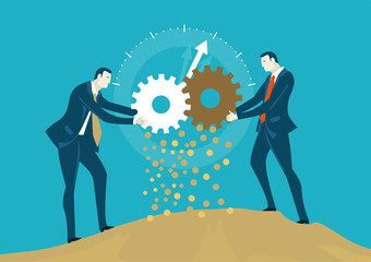 Two businessmen rolling gears, representing money making process as a team. Concept illustration