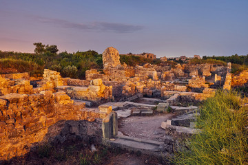 The ruins of the ancient city of Side in the evening.