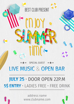 Summer party invitation template invitation. Pool and beach party invitation with umbrellas, balls, swim ring, sunglasses, surfboard, hat, and sandals. Poster or flyer Summer party vector design.