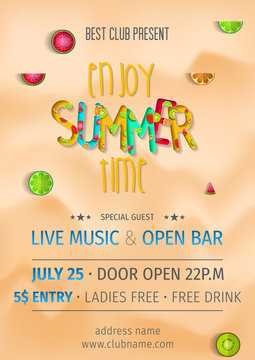 Summer party invitation template invitation. Pool and beach party invitation with umbrellas, balls, swim ring, sunglasses, surfboard, hat, and sandals. Poster or flyer Summer party vector design.