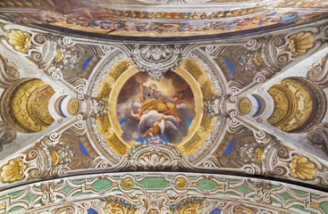 PARMA, ITALY - APRIL 16, 2018: The ceiling freso of the Glorification of St. Joseph in church Chiesa di Santa Croce by Giovanni Maria Conti della Camera (1614 - 1670).