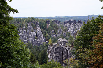 Bastei Rocks in Swiss Saxony, around the ruins of Neurathen Castle. Germany.