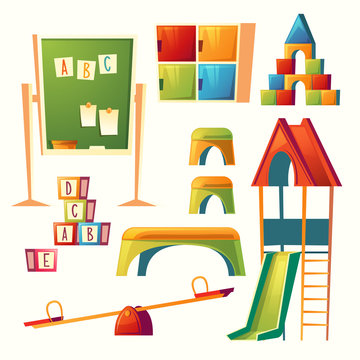 Vector set of cartoon kindergarten, children playground. Preschool education with recreational equipment - swing, slide, teeterboard. Elements for teaching and learning kids.