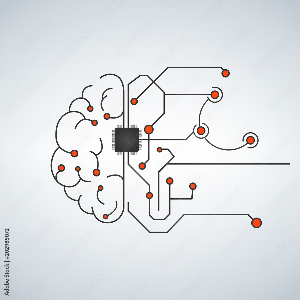Poster hi tech brain made of electric lines, symbolizing the progress of computer technologies, futurism. v