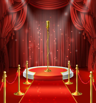 Vector illustration with golden microphone on podium, red curtains. Stage for stand up, performance or lecture. Public scene for speech of orator. Illuminated pulpit for conference