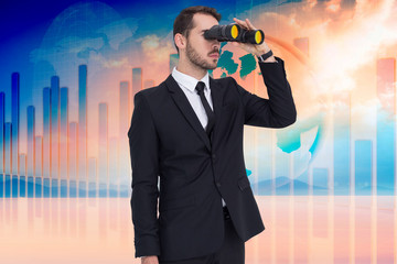 Businessman holding a briefcase while using binoculars  against desert landscape - Powered by Adobe