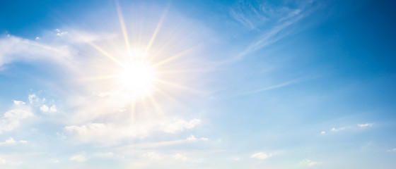 Sunny background, blue sky with white clouds and sun