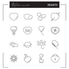 Hearts, Love, Romantic, Valentine's Day and more thin line icons set, flat design, vector illustration.