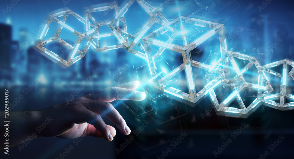 Poster businessman using digital blue blockchain 3d rendering