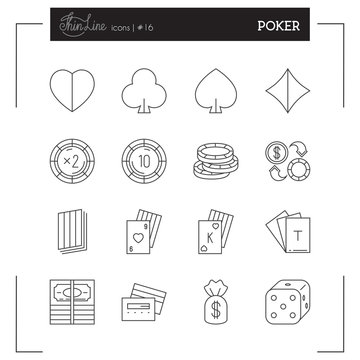 Poker, Game, Casino and more thin line icons set