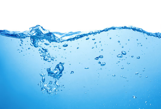 blue water surface with splash and air bubbles on white background