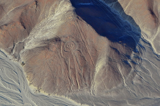 Aerial view of the Nazca Lines  Owlman (astronaut), Peru.