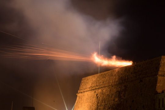 Cannon firing from Upper Barrakka Gardens during the Malta International Fireworks Festival 2017, Valletta, Malta, April 2017