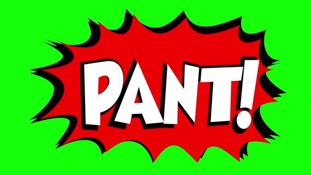 A comic strip speech bubble cartoon animation, with the words Gasp Pant. White text, red shape, green background.
