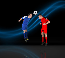 Fototapeta na wymiar Football players tackling for the ball against blue glowing wave on black