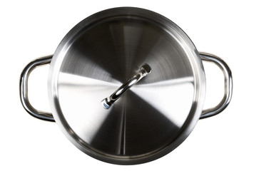 Empty open stainless steel cooking pot top view from above isolated on white