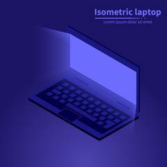 Isometric laptop with glowing display vector illustration. 3d digital gadget icon.