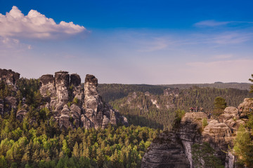 Bastei Rocks in Swiss Saxony, around the ruins of Neurathen Castle. Germany.