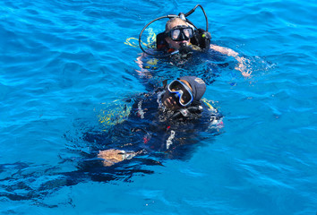 Divers on the clear and turquoise Red Sea on immersion in beautiful corals and colorful fish. The...