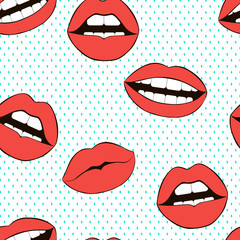 Seamless love vector pattern. Fashion background. Red lips. Smile symbol.