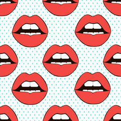 Cartoon seamless pattern lips. Comic pop background. Vector love pattern.