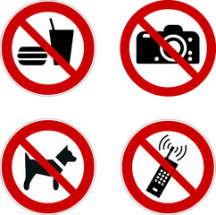 prohibition sign icon set (food, dog, phone, camera ) vector set