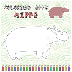 Cute cartoon smiling hippo silhouette for coloring book. Childish flat illustration of outline big hippopotamus for kids app design, educational and fun color games