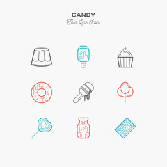 Fototapeta premium Desserts, honey, jelly bear, cake, candy, chocolate thin line color icons set, vector illustration