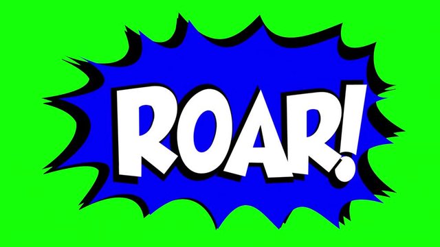A comic strip speech bubble cartoon animation, with the words Grrr Roar. White text, blue shape, green background.
