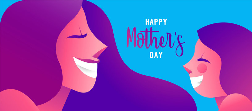 Happy mother day web banner of cute girl and mom