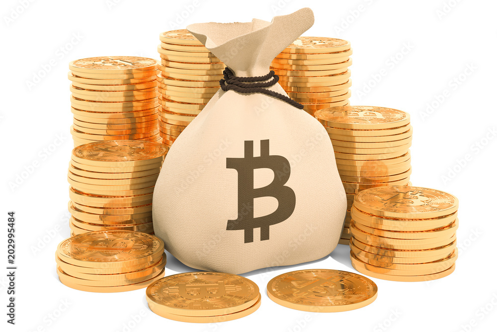 Poster sack with bitcoin symbol and golden coins around, 3d rendering
