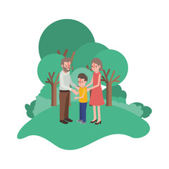 parents couple with son in field landscape isometric vector illustration design