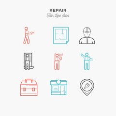 Repair, construction, worker, work process, plan, interior design thin line color icons set, vector illustration