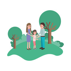 parents couple with daughter in field landscape vector illustration design