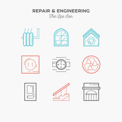 Repair engineering, interior detail, electricity, ventilation, smart home, thin line color icons set, vector illustration