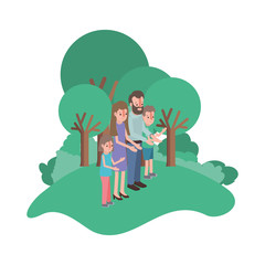 parents couple with son and daughter in field landscape vector illustration