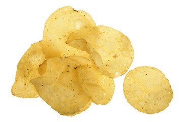 potato chips isolated on white background close-up. Top view. Flat lay