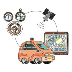 isomatric car and tablet with gps app vector illustration design