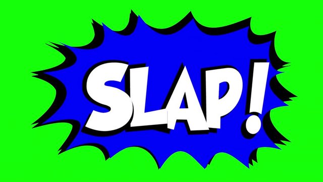 A comic strip speech bubble cartoon animation, with the words Slam Slap. White text, blue shape, green background.
