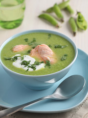 Cream of green pea soup with salmon