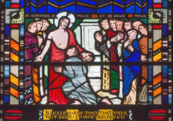 LONDON, GREAT BRITAIN - SEPTEMBER 16, 2017: The scene Judgment of Jesus for Pilate on the stained glass in church St Etheldreda by Charles Blakeman (1953 - 1953)..