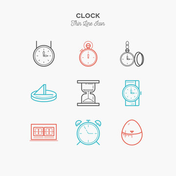 Time thin line color icons set, vector illustration