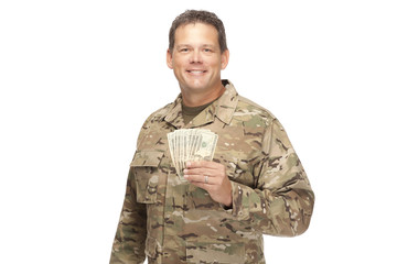 U.S. Army Soldier, Sergeant. Isolated with cash in hand.