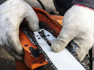 tensioning the chain of a chainsaw